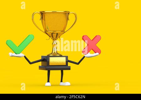 Vincitore del Golden Award Trophy Mascot personaggio persona con Croce Rossa e segno di spunta Verde, Conferma o Nega, Sì o No simbolo su sfondo giallo. 3 Foto Stock