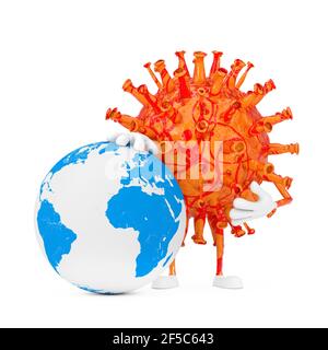 Cartoon Coronavirus COVID-19 Virus Mascot personaggio con globo terrestre su sfondo bianco. Rendering 3d Foto Stock