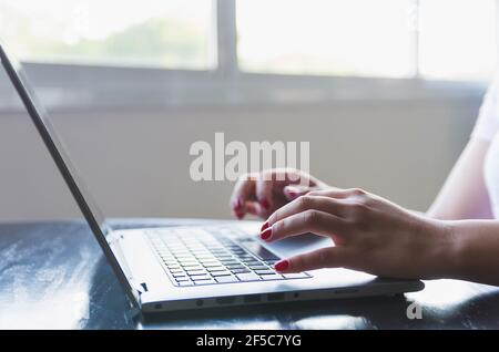 Giovane donna freelance che lavora sul computer a casa. Donna d'affari che studia online, utilizzando software per computer portatili, informazioni di navigazione web o shopping in inter Foto Stock
