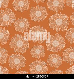 Modello vettoriale senza giunture di profilo bianco camomilla su sfondo in terracotta. Stampa decorativa per carta da parati, avvolgente, tessile, tessuto di moda. Illustrazione Vettoriale