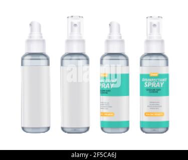 Set di flaconi spray disinfettanti in figura 3d, elementi isolati su sfondo bianco, due con etichetta e due senza Illustrazione Vettoriale