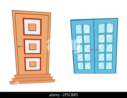 Porte e finestre in stile cartone animato. Vector marrone Porte e finestra blu isolate. Illustrazione in stile piatto. Illustrazione Vettoriale