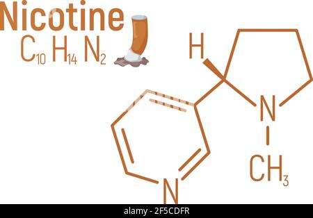 Etichetta icona della formula chimica del concetto di nicotina, illustrazione vettoriale del font del testo, isolata su bianco. Tabella degli elementi periodici, sostanze stupefacenti addictive. Illustrazione Vettoriale