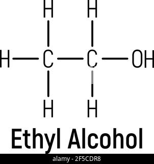 Alcol etilico concetto formula chimica etichetta icona, testo font illustrazione vettoriale, isolato su bianco. Tabella degli elementi periodici, stu di droga addictive Illustrazione Vettoriale