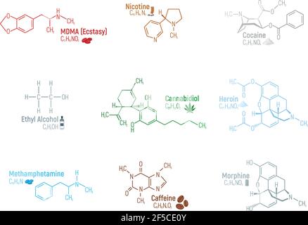 Set of Concept 9 etichetta icona formula chimica narcotica, testo font illustrazione vettoriale, isolato su bianco. Tabella degli elementi periodici, sostanze stupefacenti addictive. Illustrazione Vettoriale