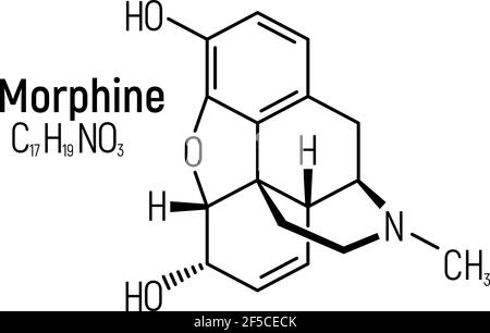 Etichetta dell'icona della formula chimica del concetto di morfina, illustrazione vettoriale del font del testo, isolata su bianco. Tabella degli elementi periodici, sostanze stupefacenti addictive. Illustrazione Vettoriale