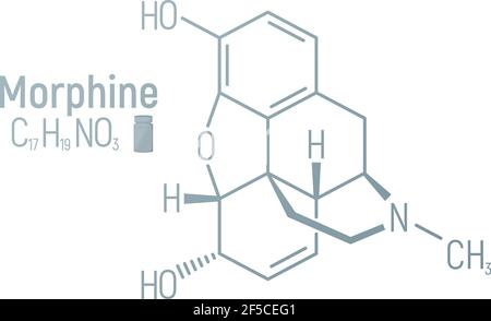 Etichetta dell'icona della formula chimica del concetto di morfina, illustrazione vettoriale del font del testo, isolata su bianco. Tabella degli elementi periodici, sostanze stupefacenti addictive. Illustrazione Vettoriale