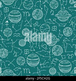 Schema astrologico vettoriale senza giunture con pianeti e costellazioni. Illustrazione Vettoriale
