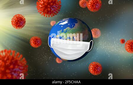 Pianeta terra, influenza, coronavirus, covid 19, coronavirus, 2020, influenza asiatica. Batteri realistici, infezioni da microbi e sangue, banner biologico, concetto Foto Stock