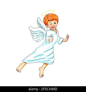 carino angelo ragazzo a piedi nudi occhi volanti wink pollici su wink concordi religione cristianesimo islam giudaismo logo disegno figura dolce luminoso ridere bianco sorriso Foto Stock