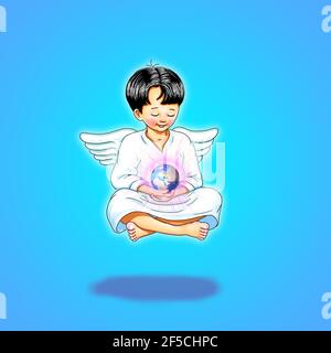 Angelo a piedi nudi elohim arcangelo protettore energia lightworker amore galleggia meditazione sfondo blu tiene terra mano sorrisi sorriso gioia terra globo rosa Foto Stock