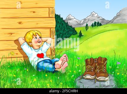 Il bambino ragazzo siede comodamente le mani a piedi nudi dietro il sorriso socchiuso della testa Cielo vista in alto escursionisti scarpe rompere montagne Bavaria Austria Svizzera Alpi Foto Stock