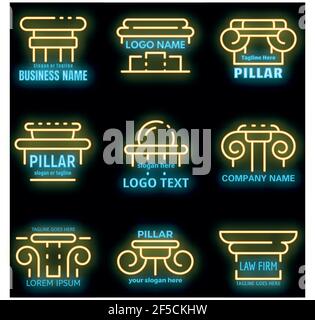 Icone dei montanti impostate. Contorno insieme di icone vettoriali colonna colore neon su nero Illustrazione Vettoriale