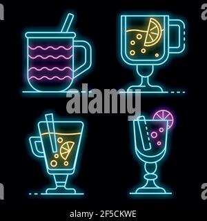 Set di icone di VIN brulé. Contorno insieme di mulled vino vettore icone colore neon su nero Illustrazione Vettoriale