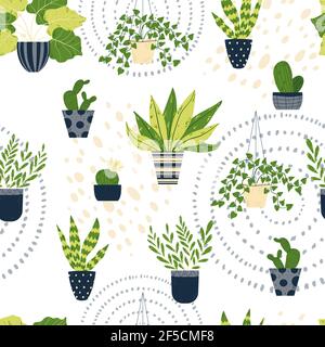 Pianta domestica colorata in vaso modello senza giunture. Vettore sfondo infinito con cute pianta e cactus in vaso di fiori. Fiore disegnato a mano sullo sfondo del vaso. Illustrazione Vettoriale