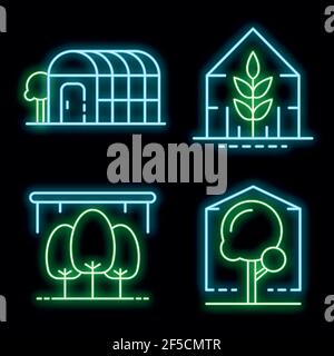 Set di icone a effetto serra. Contorno insieme di icone vettoriali effetto serra colore neon su nero Illustrazione Vettoriale