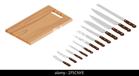 Il taglio di carne set di coltelli e tagliere di legno. Set di carne di macellaio coltelli per macelleria e progettazione temi di macellaio Illustrazione Vettoriale