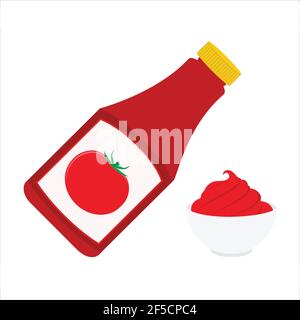 Bottiglia di ketchup e il ketchup in una ciotola isolato su sfondo bianco. Tomato Ketchup Salsa Illustrazione Vettoriale