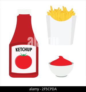 Patatine fritte, bottiglia di ketchup di pomodoro e ciotola con salsa al ketchup. Illustrazione Vettoriale