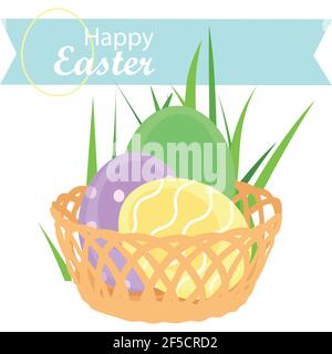 Felice decorazione di Pasqua. Uova di Pasqua decorate in vimini backet. Vacanze di primavera Illustrazione Vettoriale