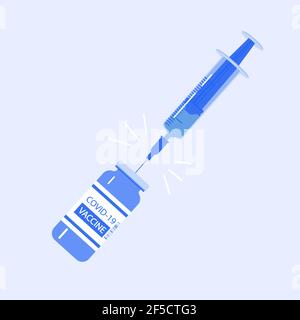 Vaccinazione. Illustrazione vettoriale con siringa medica con ago aspira un vaccino del coronavirus da un flacone. Trattamento del coronavirus. Modello Illustrazione Vettoriale