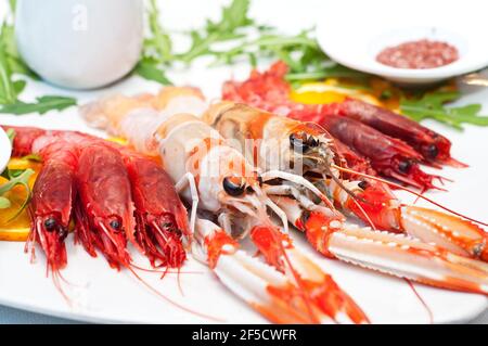 Scampi crudi e gamberi mescolano Foto Stock