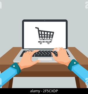 Concetto di shopping online con persona e laptop. Carrello acquisti sullo schermo per l'acquisto online. Illustrazione Vettoriale