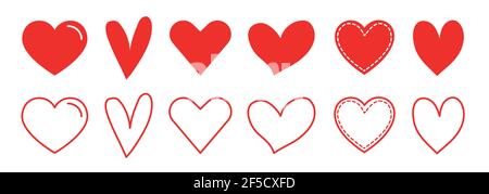Progetta set di icone con forme del cuore rosso. Semplice illustrazione di 14 cuori per il giorno dell'amore o per il giorno della San Valentino Illustrazione Vettoriale