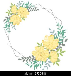 Elegante cornice con fiori gialli e foglie. Corona circolare per invito o background. Luogo per la firma, modello di cartolina. Vettore. Illustrazione Vettoriale