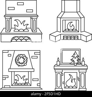 Set camino line art bianco e nero. Caldo riscaldamento domestico invernale. Illustrazione vettoriale tema di Natale per poster, etichetta, carta regalo, decorazione libro da colorare Illustrazione Vettoriale