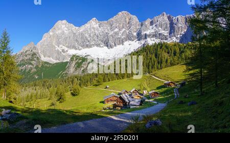 Capanne alpine su Neustattalm di fronte alle pareti rocciose di Dachstein a Ramsau am Dachstein, Stiria, Austria Foto Stock