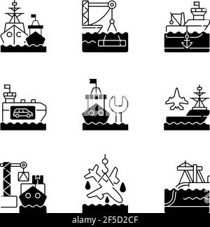 Set di icone lineari nere per il settore della spedizione Illustrazione Vettoriale