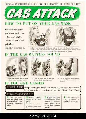 Inglese, poster di informazione pubblica della seconda guerra mondiale, gas Attack: Come mettere sulla tua maschera di gas, 1942-1945 Foto Stock
