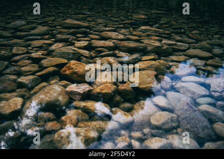 calmo ruscello con molte pietre sul percorso, circondato da una foresta molto verde in catalogna, spagna Foto Stock