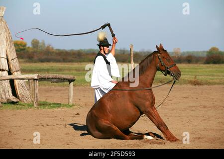 PUSZTA, UNGHERIA, SETTEMBRE 04. 2020: Pastori ungheresi come csikos in costume tradizionale folk che mostra i suoi cavalli addestrati nel puszta lowl ungherese Foto Stock