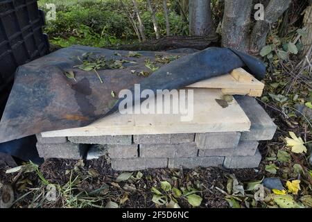 Riccio occidentale, riccio europeo (Erinaceus europaeus), casa hedgehog perpaed per l'inverno con tetto in tavole e piscina liner, Germania Foto Stock