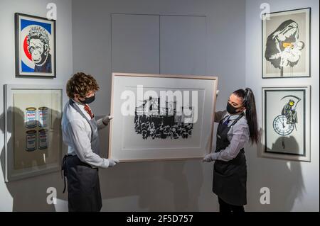 Londra, Regno Unito. 26 Marzo 2021. Banksy, Moroni (Bianco), 2007, stima: £40,000-60,000 e altre opere dell'artista - dietro porte chiuse: I preparativi si svolgono a Christie's davanti alle stampe e multipli e Banksy: Non posso credere che moroni realmente acquistare questo SH*T Vendita online. Le vendite si svolgono tra il 16-31 marzo e sono entrambe online. Credit: Guy Bell/Alamy Live News Foto Stock