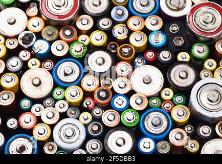Batterie usate in dumping di vario tipo (C AA AAA D 9V) raccolte per il riciclaggio - concetto di rifiuti tossici e problemi ambientali Foto Stock