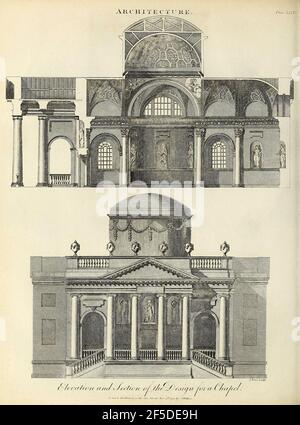 Elevazione e sezione per un disegno di una cappella. Incisione su copperplate dell'Enciclopedia Londinensis OR, dizionario universale delle arti, delle scienze e della letteratura; Volume II; a cura di Wilkes, Giovanni. Pubblicato a Londra nel 1810 Foto Stock