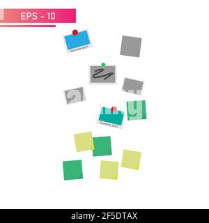 Un set. Magneti, foto e adesivi per il frigorifero o altro. Su sfondo bianco. Illustrazione vettoriale piatta. Illustrazione Vettoriale