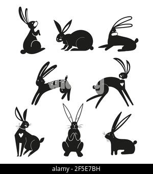 Sagome di conigli neri isolati su sfondo bianco. Coniglietti di Pasqua in stile vettoriale. Sagome di animali. Serie di lepri. Illustrazione Vettoriale