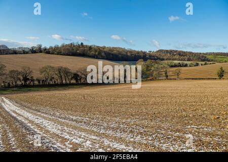 Neve invernale leggera su campi stoppie in una valle di Chiltern Hills vicino a Pishill e Turville Park; Pishill, Stonor, Oxfordshire, Regno Unito Foto Stock