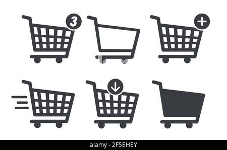 Set di carrelli per la spesa. Aggiungi al carrello. Numero di articoli nel carrello. Illustrazione Vettoriale