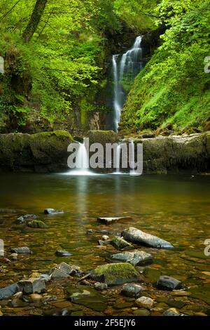 La cascata Sgwd Einion Gam sul fiume Pyrddin nel parco nazionale Bannau Brycheiniog (Brecon Beacons), Powys, Galles. Foto Stock