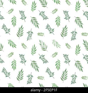 Foglie verdi in casualmente disposti senza cuciture motivo disegnato a mano botanica floreale acquerello illustrazione, semplice verde ornamento per tessuto, gift pap Foto Stock