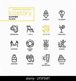 Estate - Set di icone di stile moderno. Meteo, simboli stagionali e attività idea. Immagini nere di un costume da bagno, gelato, snorkeling, travel Illustrazione Vettoriale