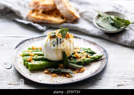 Mozzarella di bufala con aglio pungattato e salvia sugli asparagi Foto Stock