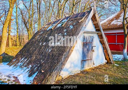 La vecchia piccola cantina di radici con facciata in argilla, piccola porta in legno e un tetto di paglia, Pyrohiv Skansen, Kiev, Ucraina Foto Stock