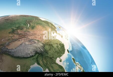 Il sole splende su una vista dettagliata del pianeta Terra, focalizzata sull'Asia orientale, la Cina, l'Himalaya e il Tibet - elementi forniti dalla NASA Foto Stock