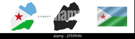 Gibuti. Mappa con bandiera mascherata. Silhouette dettagliata. Bandiera ondulata. Illustrazione vettoriale isolata in bianco. Illustrazione Vettoriale